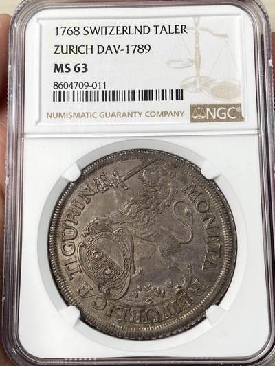 万国钱币拍卖第062期 - NGC MS63 1768年瑞士联邦苏黎世城市大泰勒 瑞士早期泰勒名品之一 苏黎世城市象征站姿雄狮持剑威武 双面原味欧陆酱彩全深打好状态顶级收藏品质