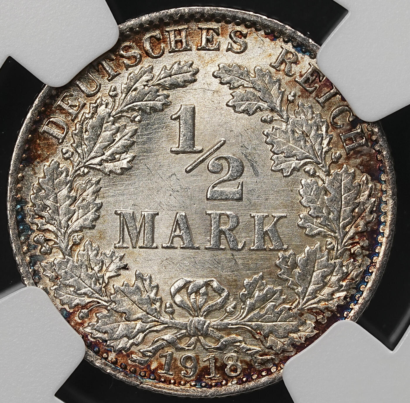 修遠堂世界钱币第107期 NGC MS65 1918年德国1/2马克银币 D厂铭