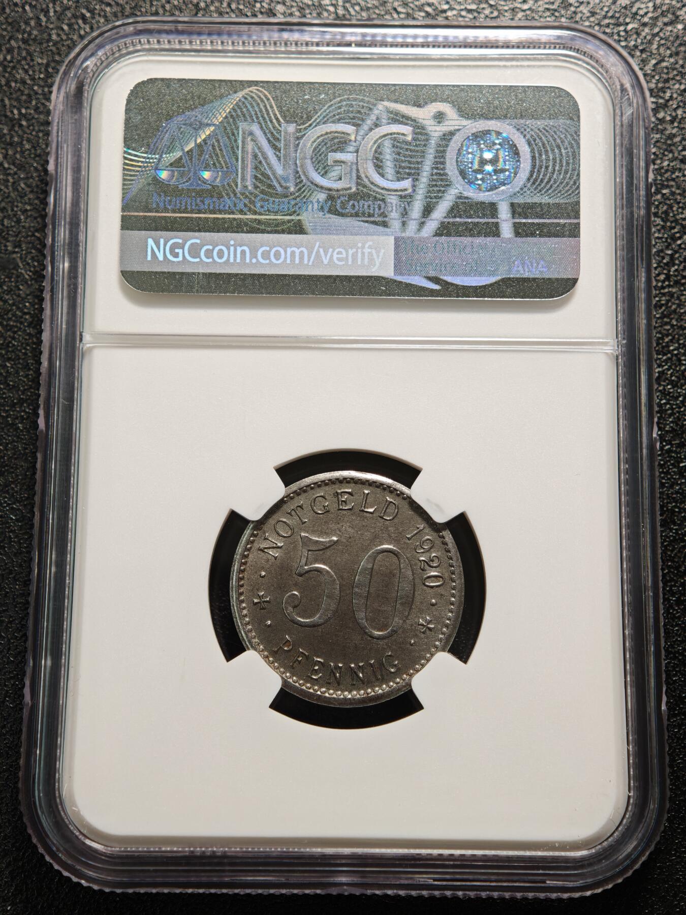 【德藏】世界币章拍卖第167期（拍品征集中~欢迎藏友联系） 1920年 德国德紧时期门登洞熊50芬尼铁币 NGC MS63 稀少品种 保存不易 状态极佳