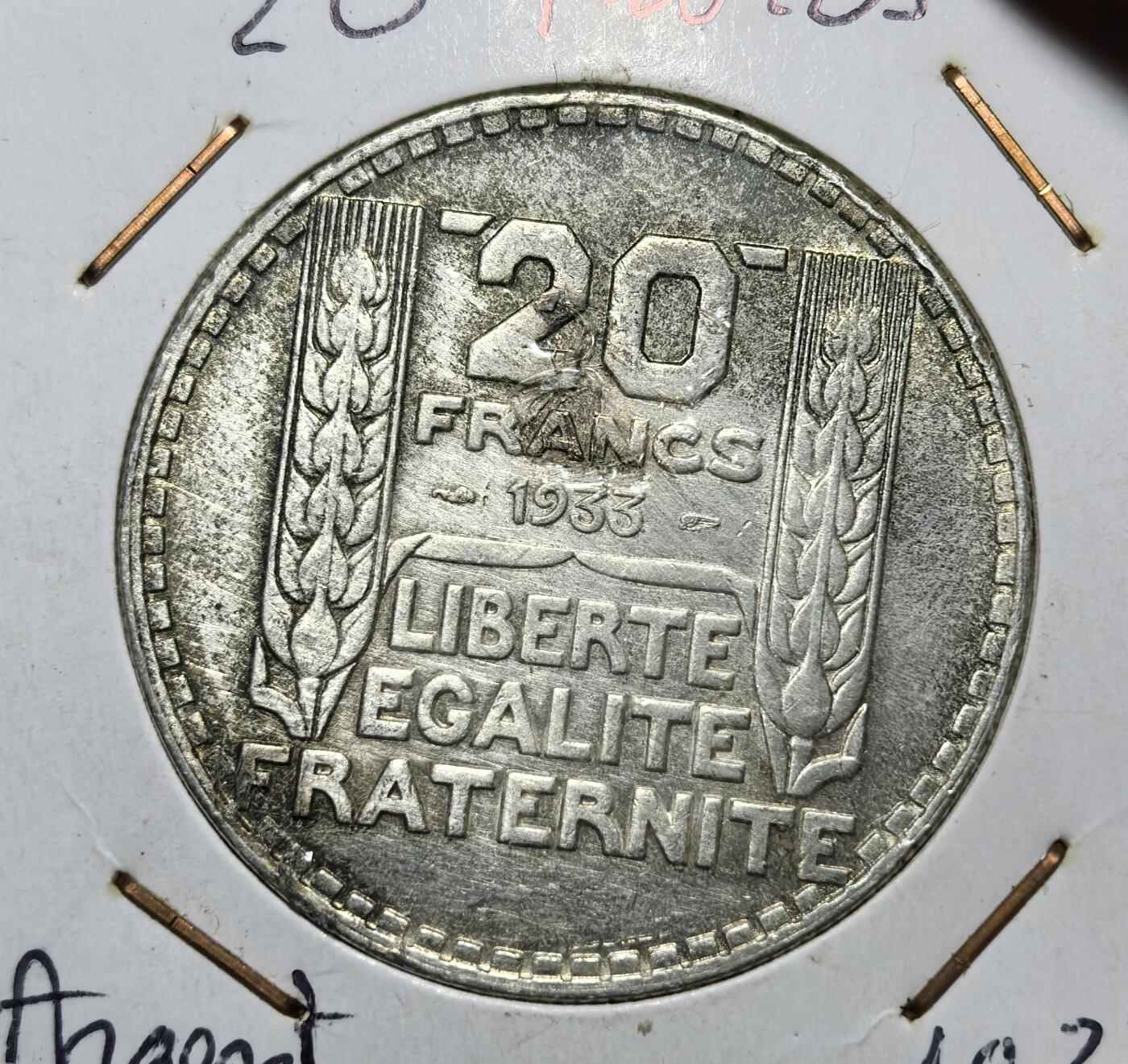 外国优质老铜币银币苏联纪念章，每周六晚九点倒数截拍，满百包邮可寄存，持续收拍 法国第三共和国1933年20法郎银币，又称 “都灵版”，由雕刻家皮埃尔・都灵设计，正面为玛丽安娜头像，背面刻有 “自由、平等、博爱” 及麦穗图案。