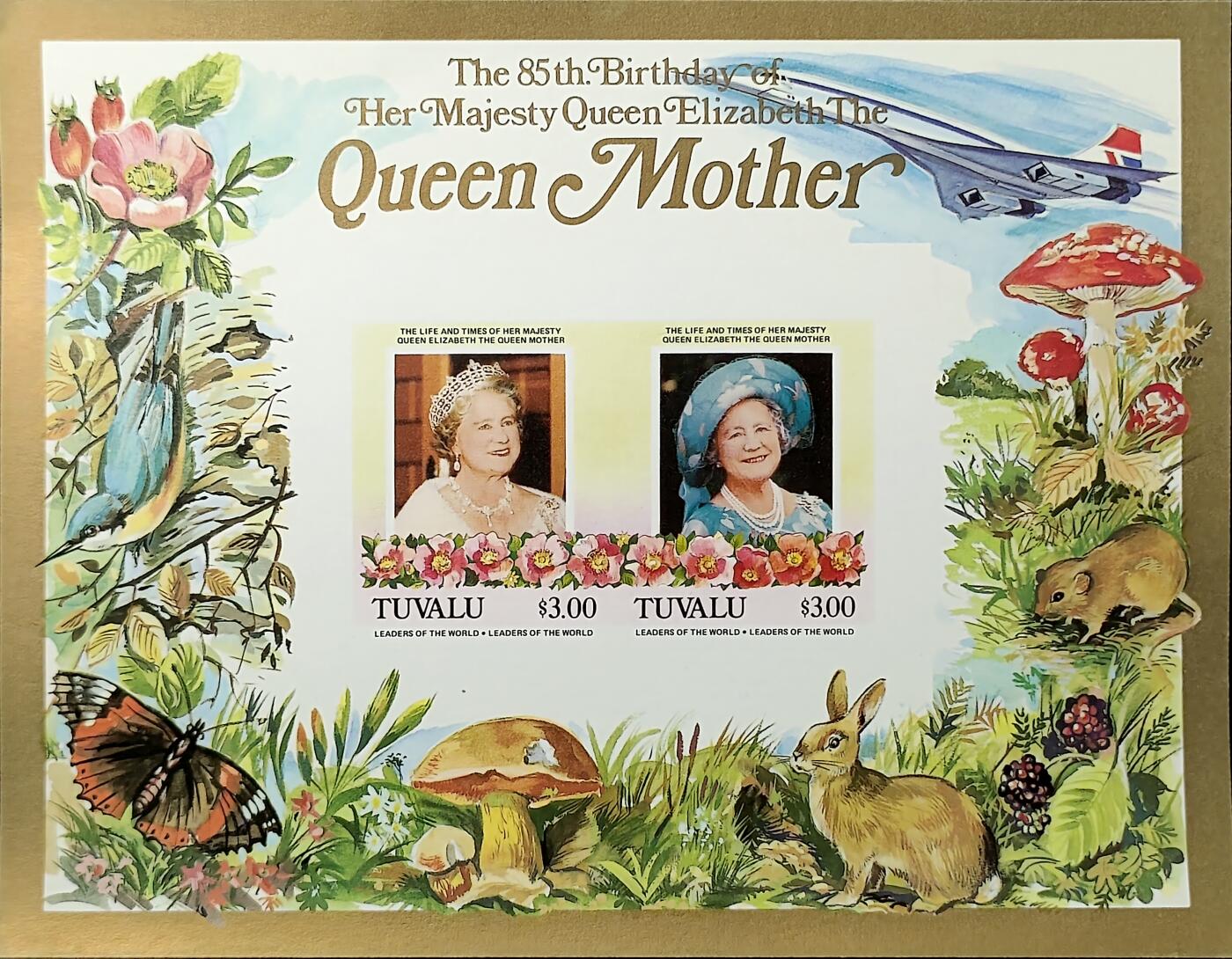 ↓君缘收藏761期☞钱币邮品↓无佣金、可寄存、满30元包邮  图瓦卢邮票，1985年纪念伊丽莎白王太后85岁诞辰邮票小型张