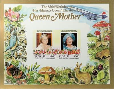 ↓君缘收藏761期☞钱币邮品↓无佣金、可寄存、满30元包邮  - 图瓦卢邮票，1985年纪念伊丽莎白王太后85岁诞辰邮票小型张