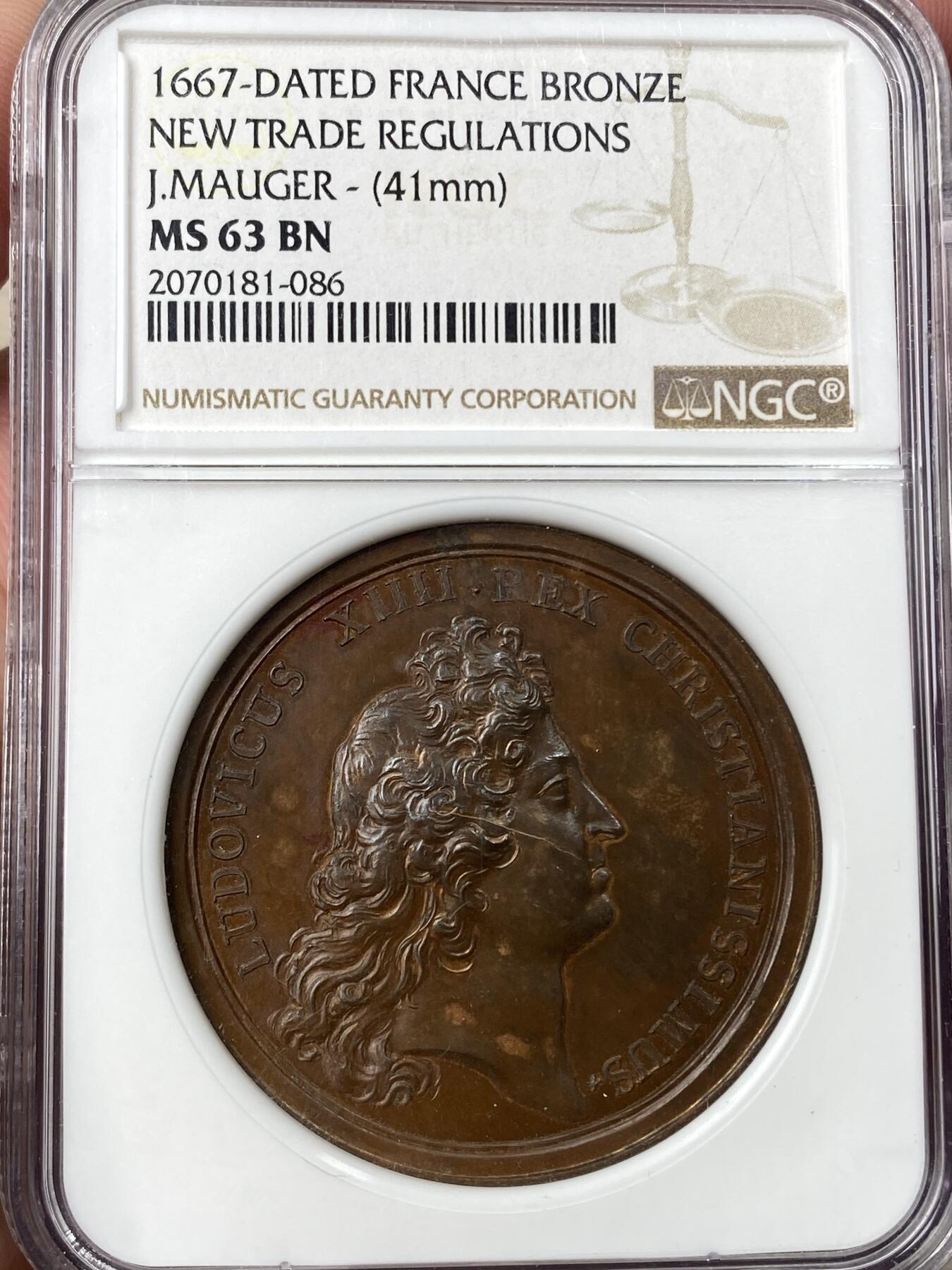 万国钱币拍卖第062期 NGC MS63 1664年法国路易十四纪念莫格颁发新法令纪念大铜章 极美法国早期原铜光收藏级