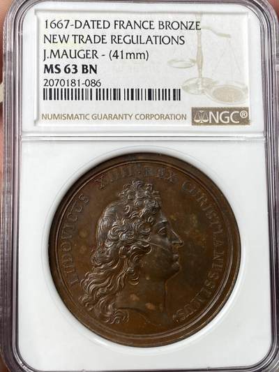 万国钱币拍卖第062期 - NGC MS63 1664年法国路易十四纪念莫格颁发新法令纪念大铜章 极美法国早期原铜光收藏级