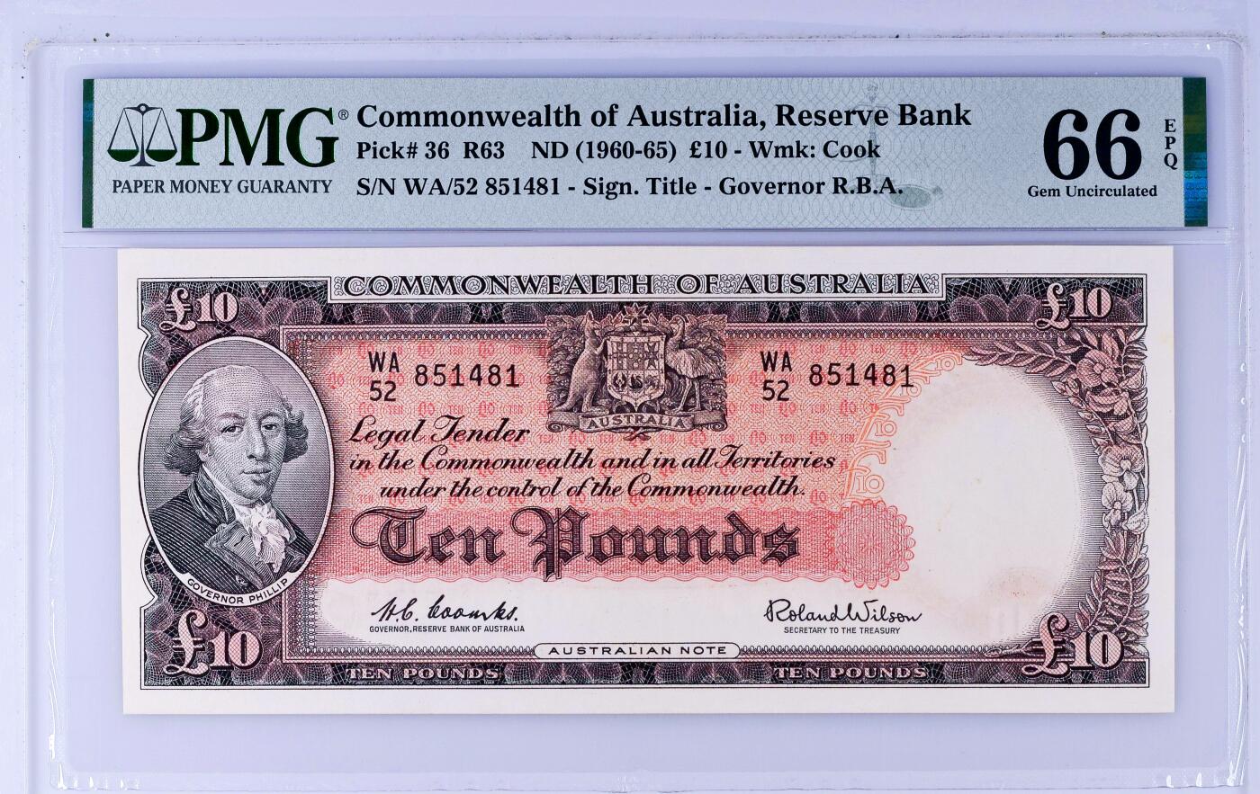 【Blue Auction】世界纸币精拍第794期——18级TOP拍卖/信誉/品质/专业/高效💫 【冠军分】澳大利亚 1960-65年10镑 最高值 PMG66EPQ 高分少见 设计精美 正面人物为英国船长Arthur Phillip（1788年1月26日他驾船带着一班英国囚犯到达新州悉尼，建立了英国在澳洲的第一个殖民地，他们的舰队被称作第一舰队）