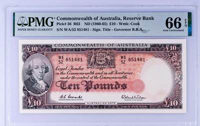【Blue Auction】世界纸币精拍第794期——18级TOP拍卖/信誉/品质/专业/高效💫 - 【冠军分】澳大利亚 1960-65年10镑 最高值 PMG66EPQ 高分少见 设计精美 正面人物为英国船长Arthur Phillip（1788年1月26日他驾船带着一班英国囚犯到达新州悉尼，建立了英国在澳洲的第一个殖民地，他们的舰队被称作第一舰队）