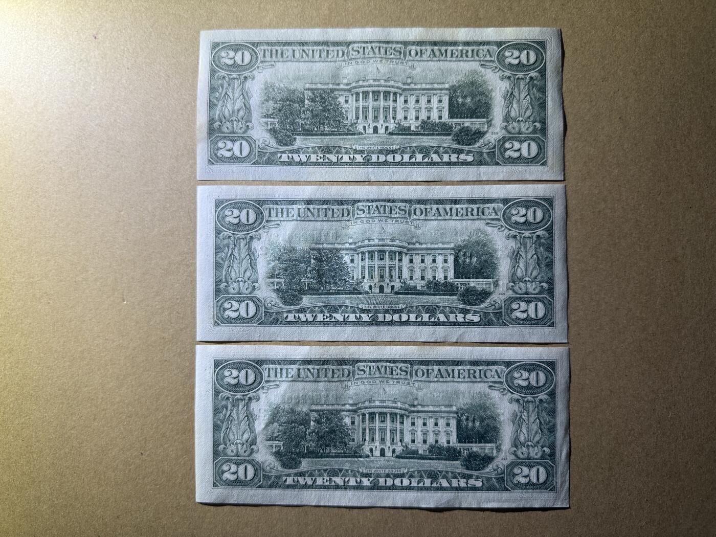 《艾美收藏》第236期-3.15周日外币畅拍 美国20美元3张 AU 有道轻微折 局部荧光