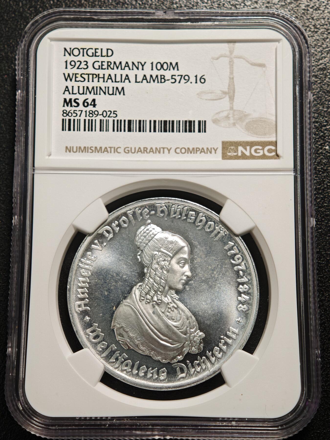 【德藏】世界币章拍卖第167期（拍品征集中~欢迎藏友联系） 1923年 德国德紧威斯特法伦女诗人像100马克马币铝币 NGC MS64 女诗人像最大面值