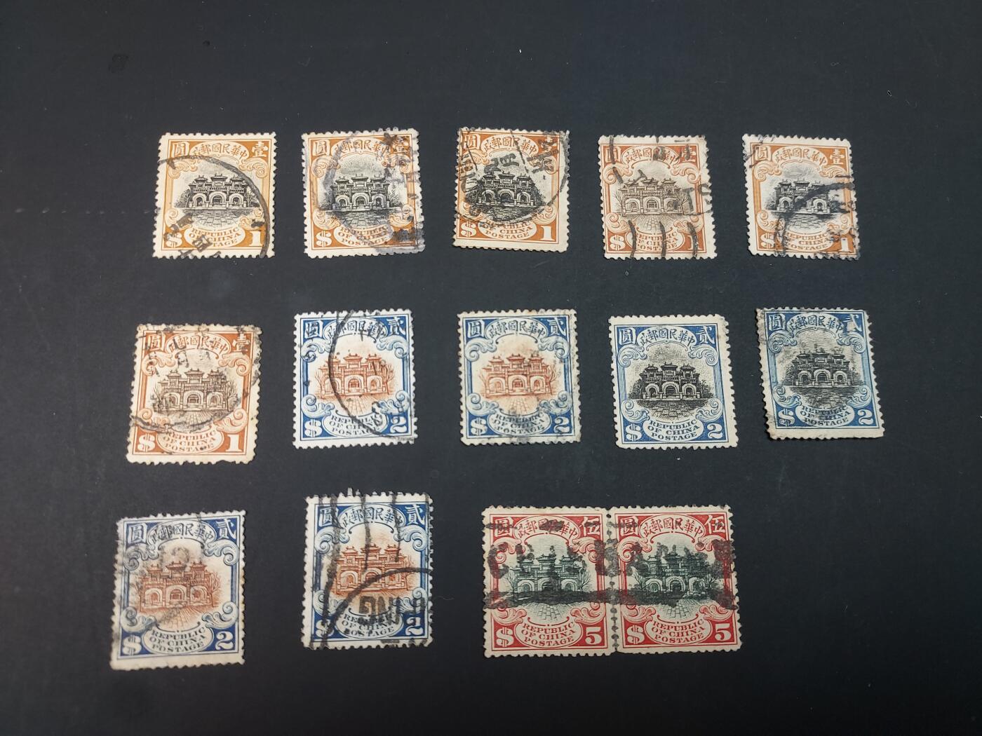 博彦收藏  TM 3月18日 8点邮票专场 全场包邮 民国帆船宫门旧票14枚，个别瑕疵， 大部分上品