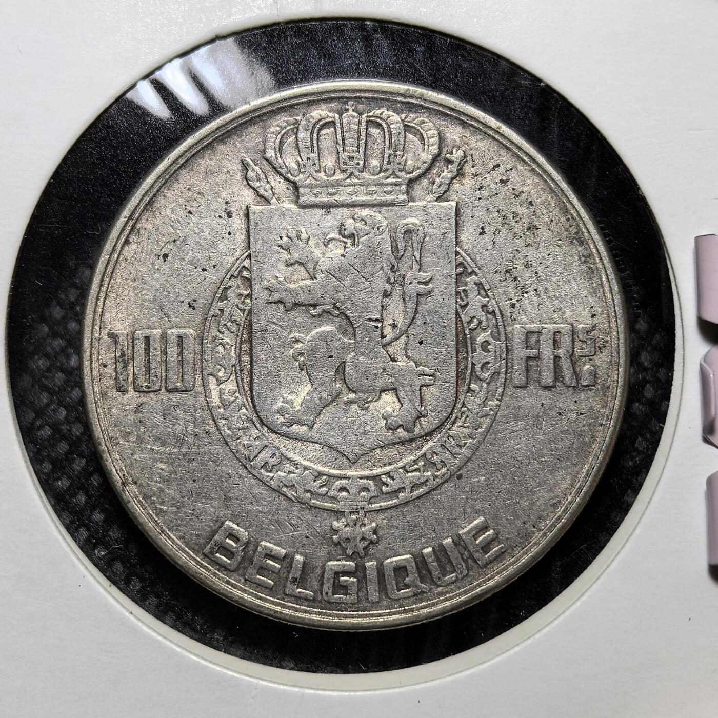 外国优质老铜币银币苏联纪念章，每周六晚九点倒数截拍，满百包邮可寄存，持续收拍 比利时1950年100法郎银币，为纪念独立百余年的王朝传承而铸，背面刻有利奥波德一世、利奥波德二世、阿尔贝一世、利奥波德三世四位国王头像，正面是比利时国徽，见证了比利时从独立到二战后的历史脉络。