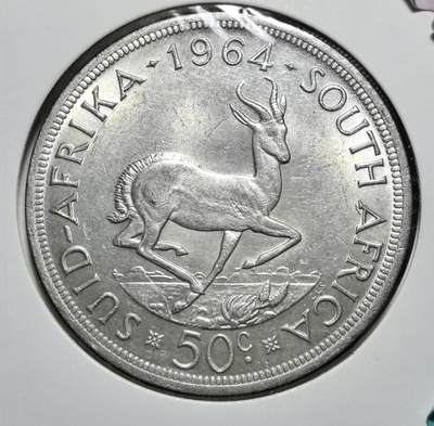外国优质老铜币银币苏联纪念章，每周六晚九点倒数截拍，满百包邮可寄存，持续收拍 - 南非共和国1964年50分大银币，正面为荷兰殖民者扬・范・里贝克头像，铭文 “团结就是力量”；背面是跳羚，标注年份与面额，1965 年后改为镍币，是殖民历史与早期共和时代的见证。