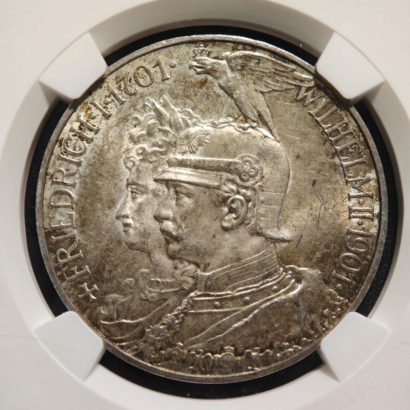 【德藏】世界币章拍卖第167期（拍品征集中~欢迎藏友联系） 1901年 德国普鲁士建国200周年5马克大银币 NGC MS63 深彩包浆 兼备原光及转光