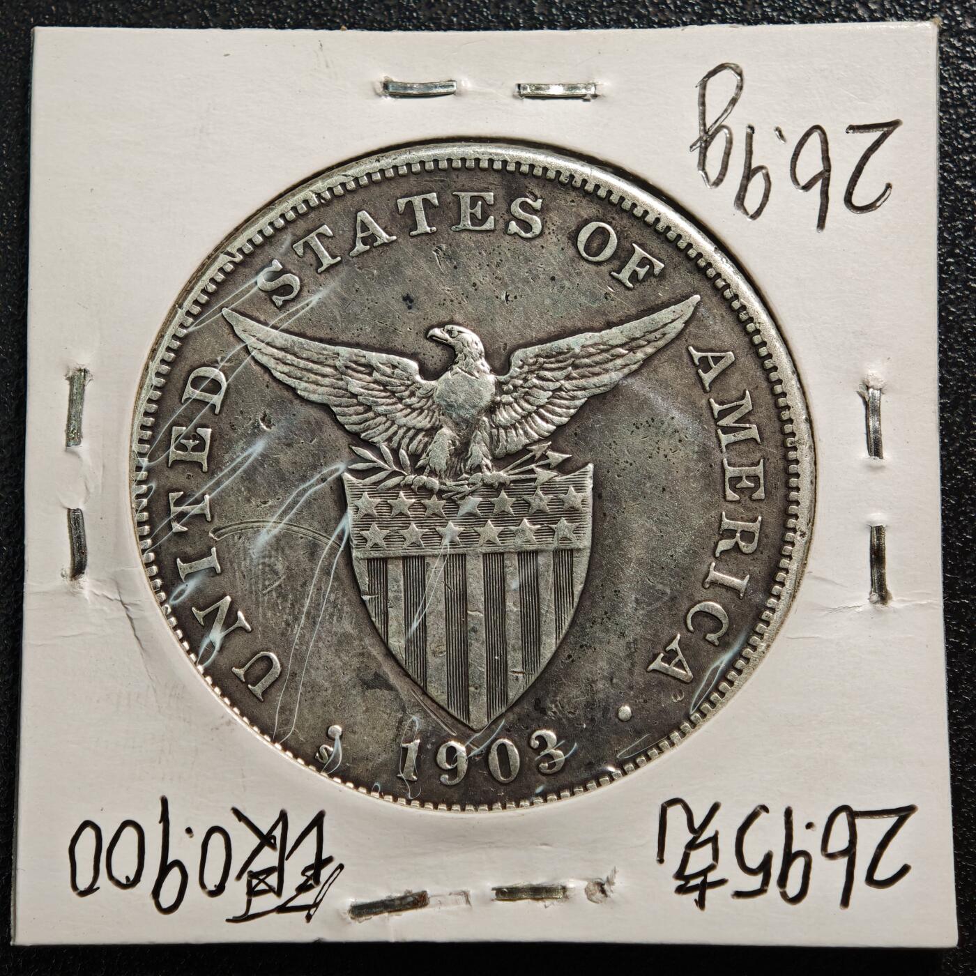 【德藏】世界币章拍卖第167期（拍品征集中~欢迎藏友联系） 老藏家集藏系列之- 1903年 美属菲律宾1比索银币 大样 900银 重约：26.9g 入册20余年·附有当年购入价