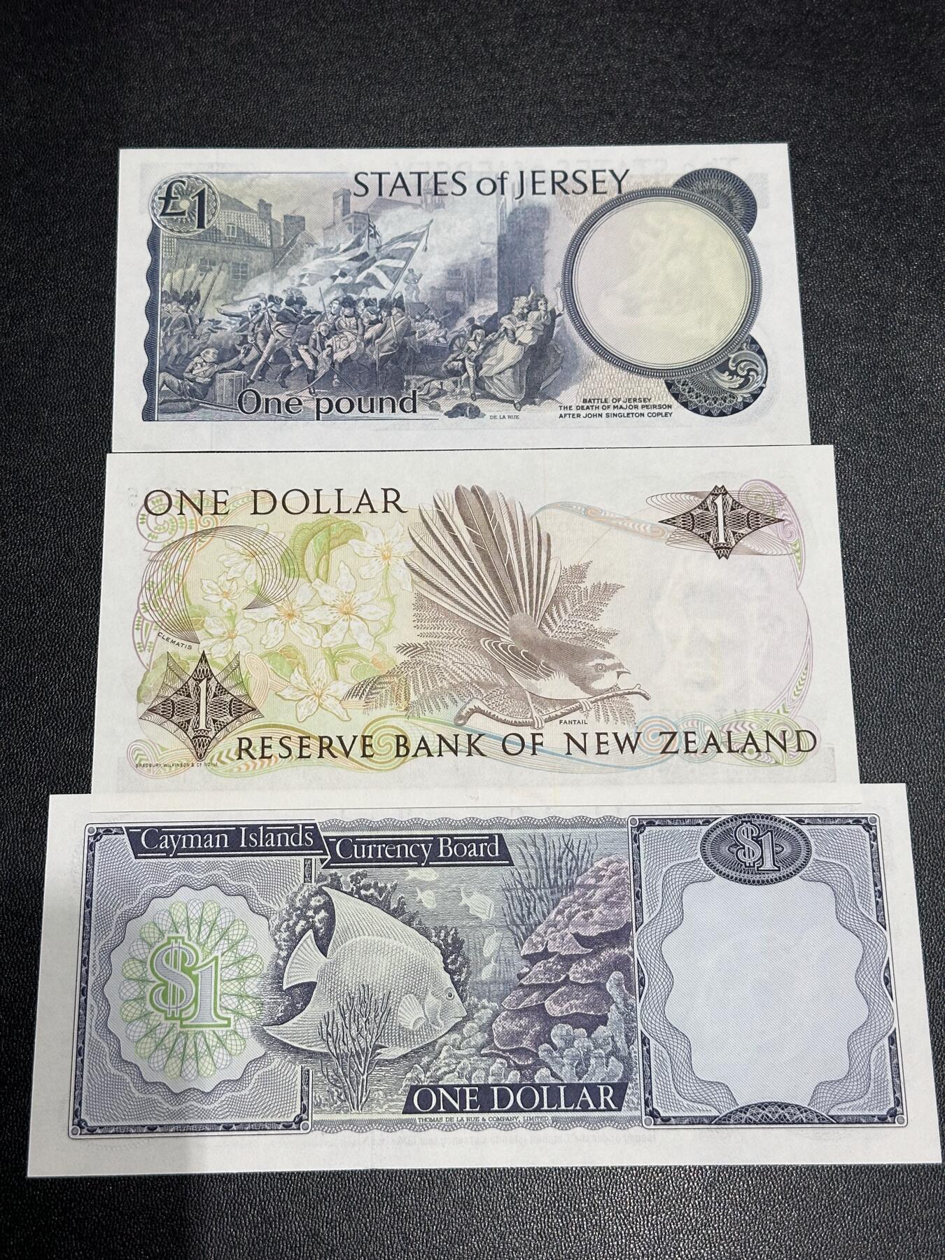 《外钞收藏家》第六百一十七期（精选场）（长期征集拍品、欢迎藏友们联系合作） 泽西、新西兰、开曼3张女王钞一起 全新UNC