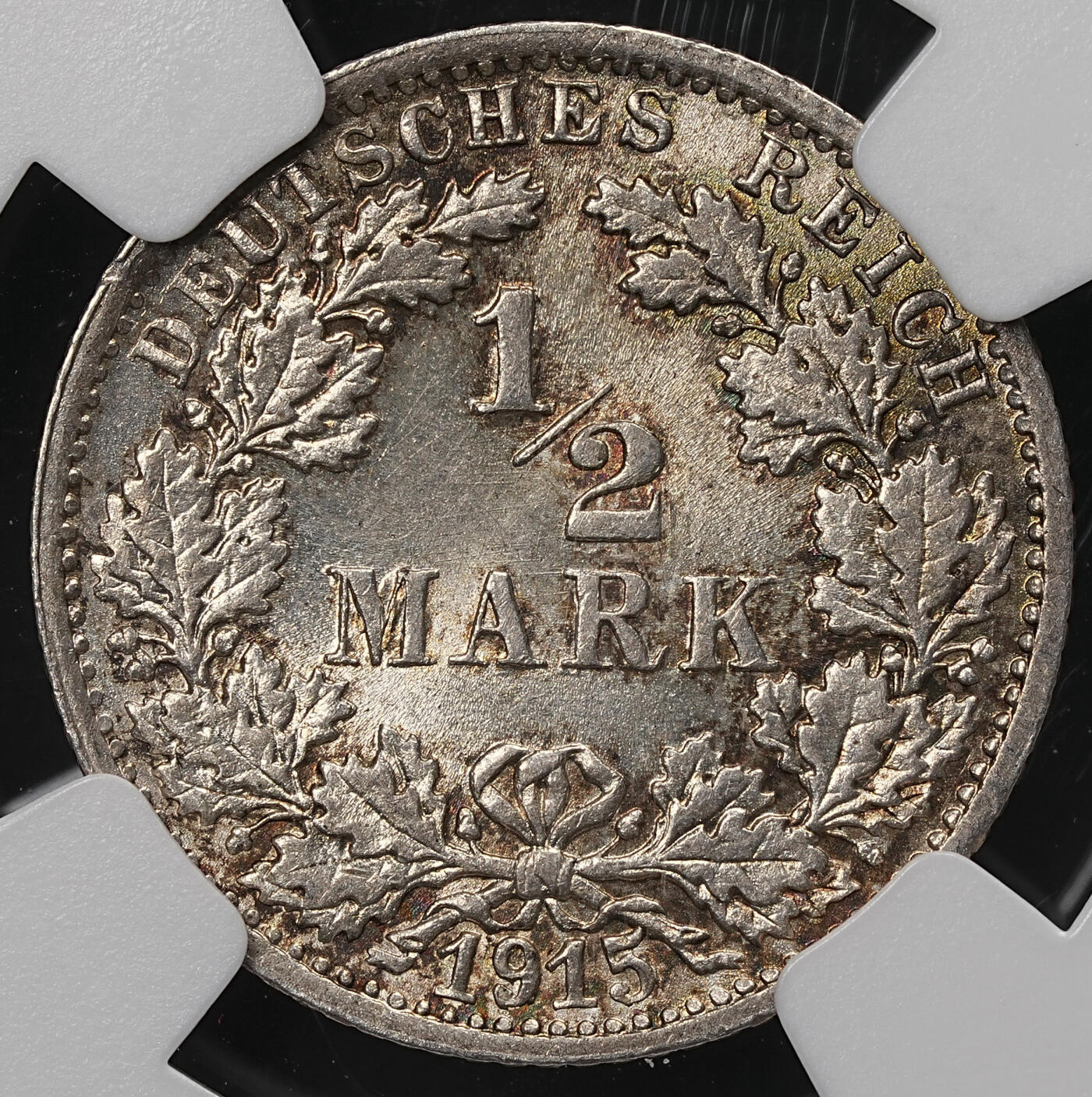 修遠堂世界钱币第107期 NGC MS64 1915年德国1/2马克银币，F厂铭