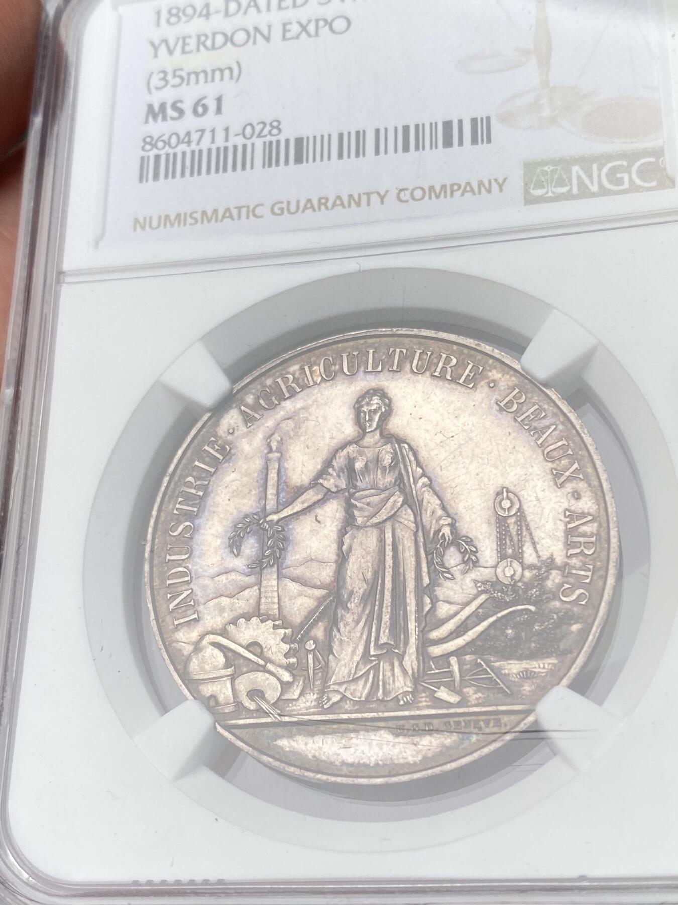 万国钱币拍卖第062期 NGC MS61 1894年瑞士沃德州伊韦尔顿工业展纪念大银章 仅见银质版本 唯一入盒NGC冠军分 