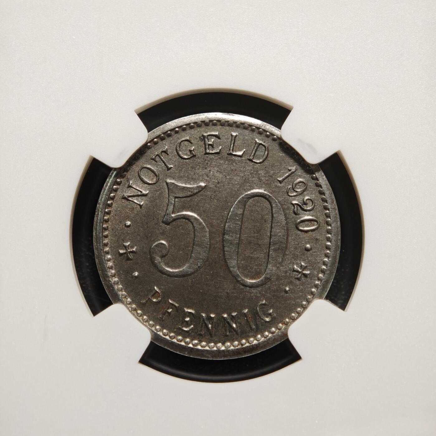 【德藏】世界币章拍卖第167期（拍品征集中~欢迎藏友联系） 1920年 德国德紧时期门登洞熊50芬尼铁币 NGC MS63 稀少品种 保存不易 状态极佳