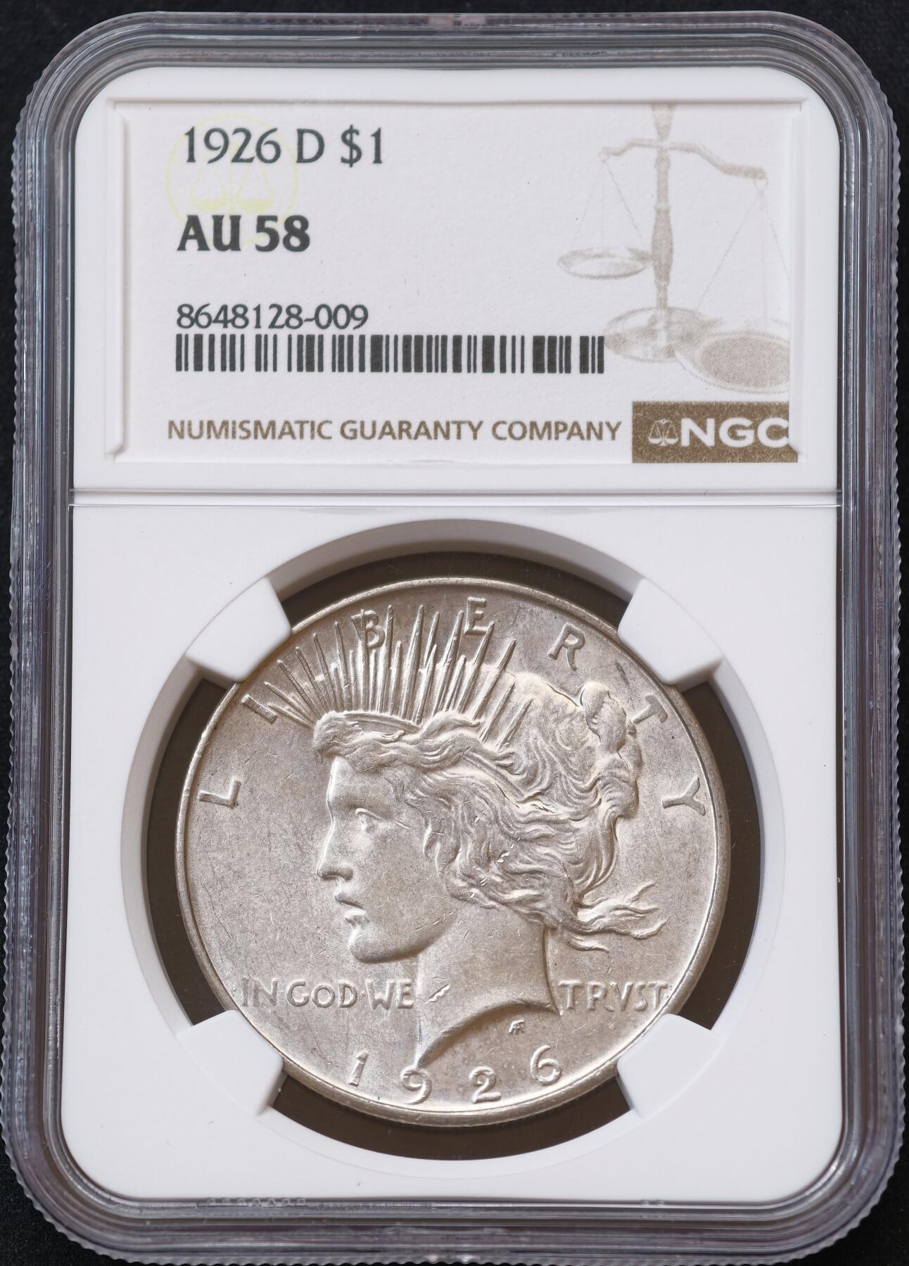 甄臻铺-世界币章拍卖（第54期），3月28日甄品场拍品征集中，送拍享返佣金等优惠多多 NGC-AU58 1926年美国和平银币，少见年份