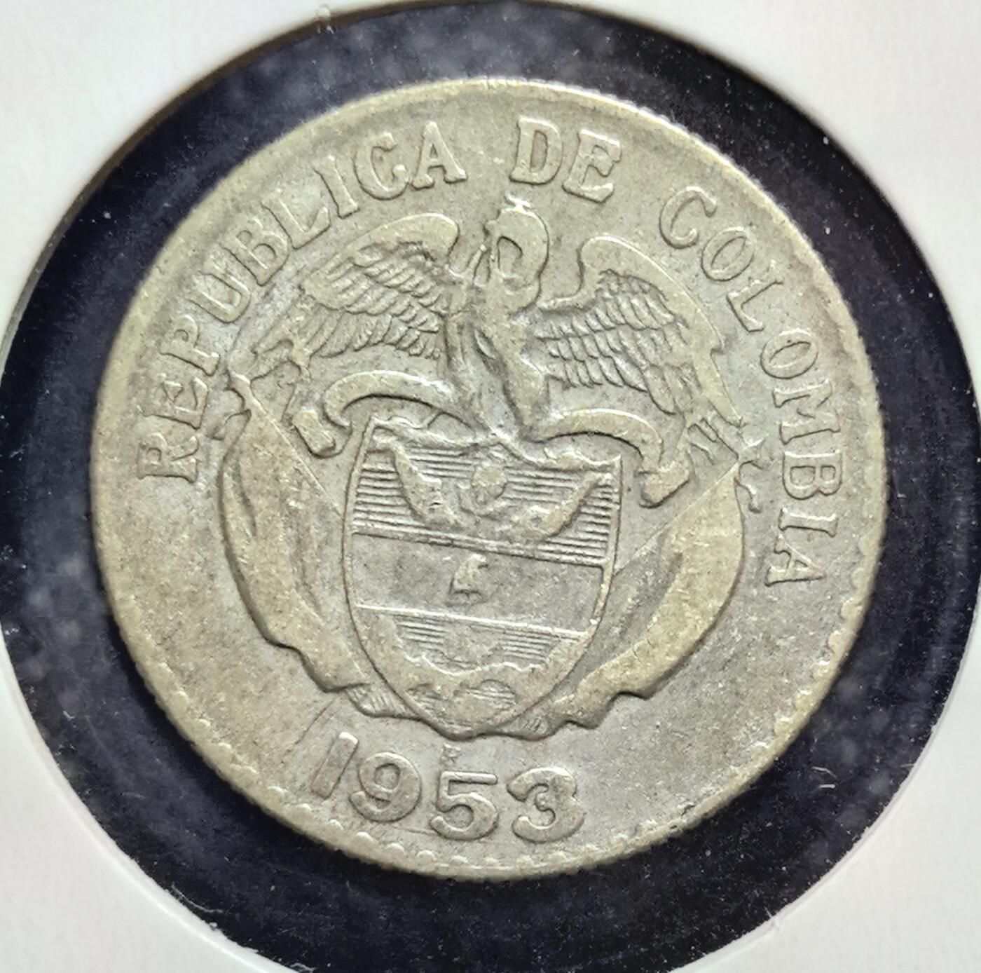 外国优质老铜币银币苏联纪念章，每周六晚九点倒数截拍，满百包邮可寄存，持续收拍 哥伦比亚1953年20分银币，仅发行2年。正面为解放者玻利瓦尔头像，背面是哥伦比亚国徽，见证了哥伦比亚共和国时期的货币体系，是兼具历史与收藏价值的流通币。