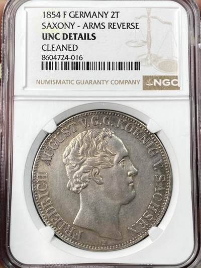 万国钱币拍卖第062期 - NGC UNCD 1854年德国萨克森奥古斯特五世纹章2泰勒 好品难得的早期萨克森流通2t 原味淡彩包浆