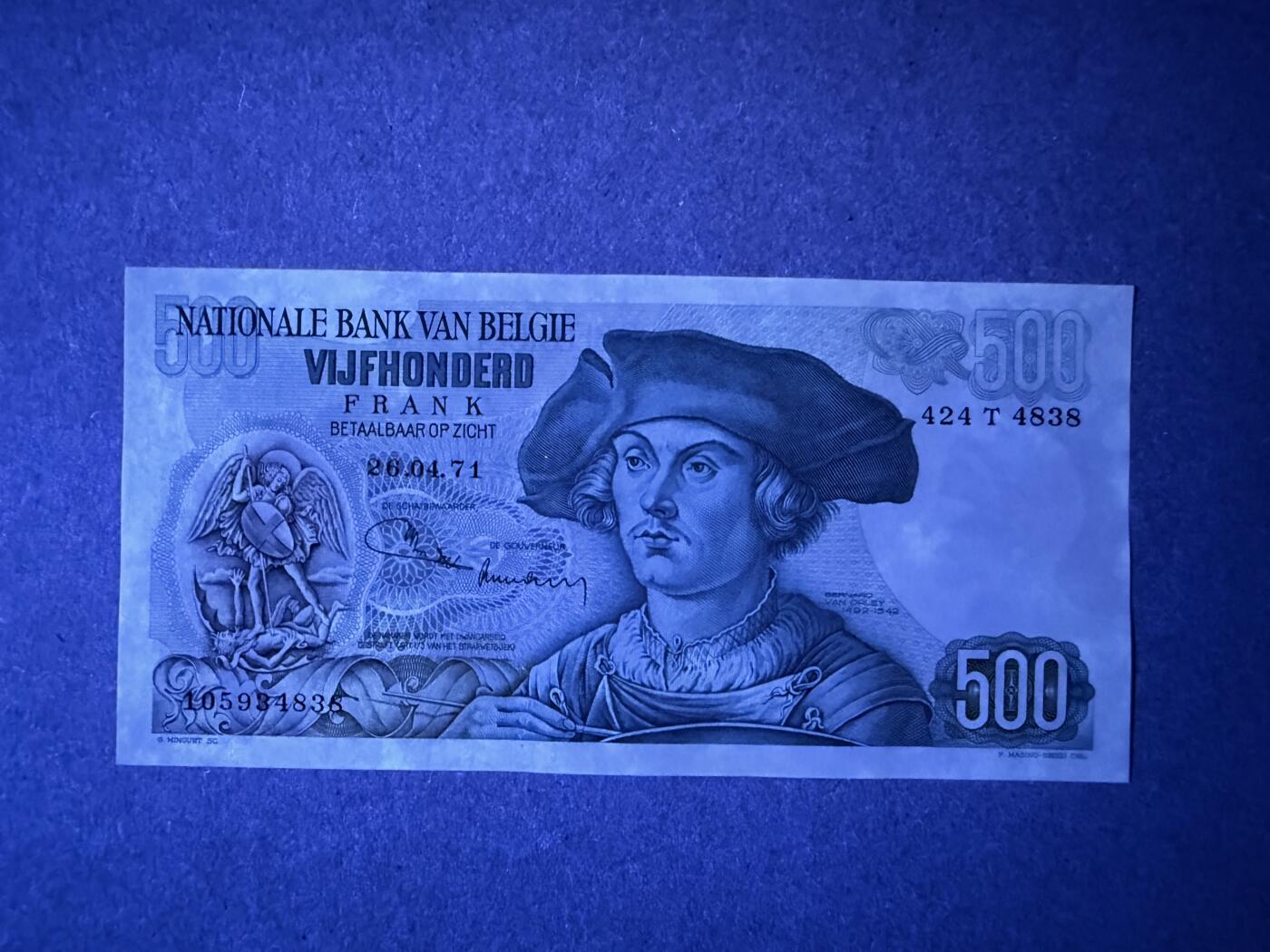 《艾美收藏》第236期-3.15周日外币畅拍 比利时500法郎 AU-UNC 1971年 局部荧光
