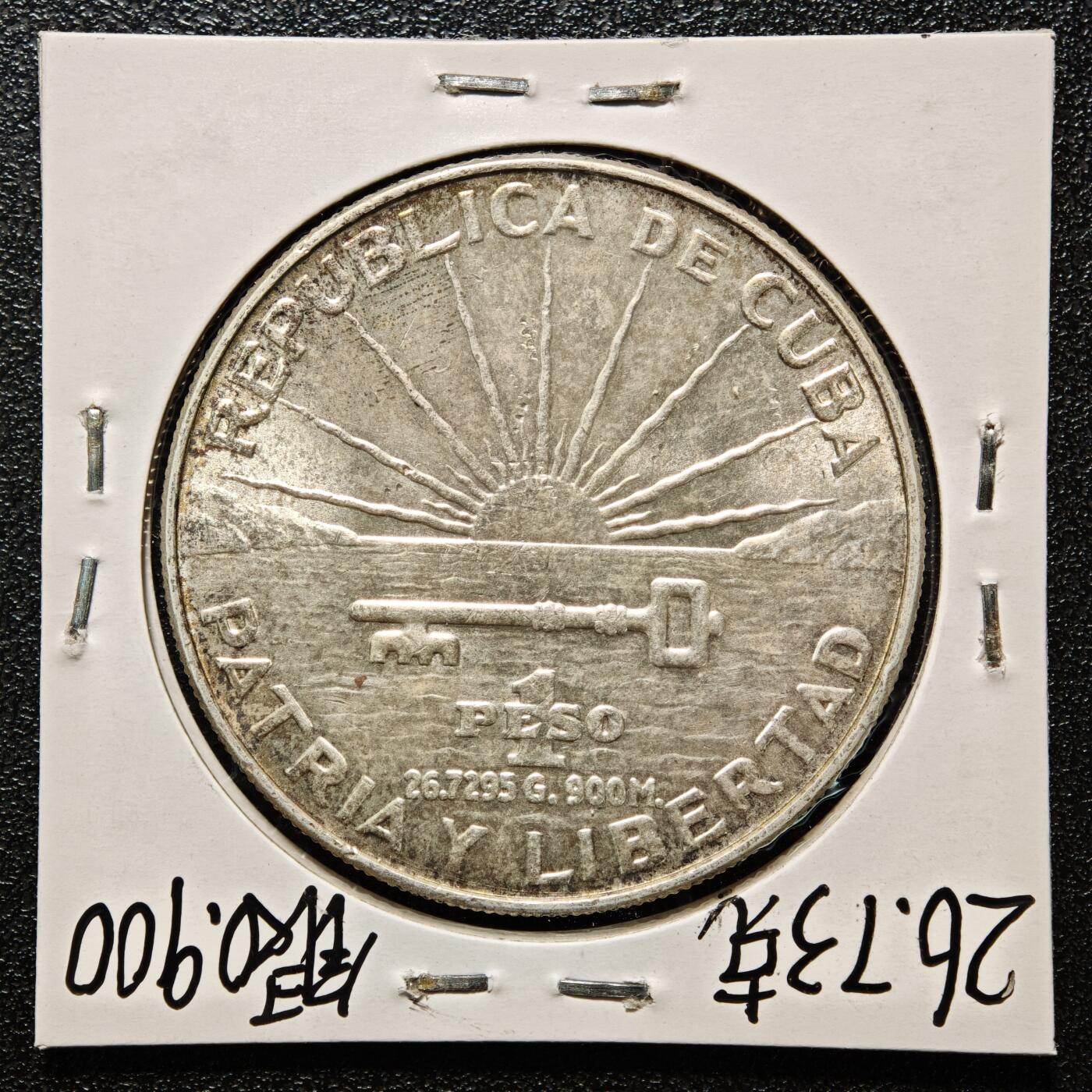 【德藏】世界币章拍卖第167期（拍品征集中~欢迎藏友联系） 老藏家集藏系列之- 1953年 古巴1比索银币 900银 重约：26.7g 入册20余年·附有当年购入价