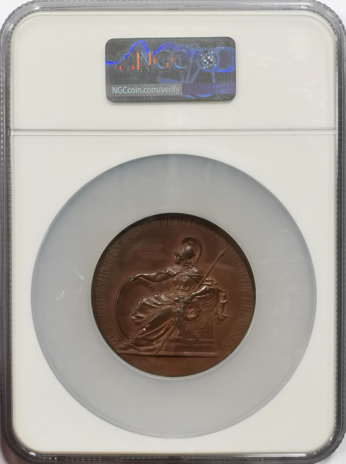 博洋堂世界钱币拍卖第164期（全场包邮） NGC MS62 德国1901年纪念普鲁士王国成立200周年纪念大铜章，直径58.5mm，正面为普鲁士第一任国王腓特烈一世与德皇威廉二世，背面为女神端坐于王位，头戴头盔手持长矛，右手在盾牌，左手拿着月桂花环，稀少品种