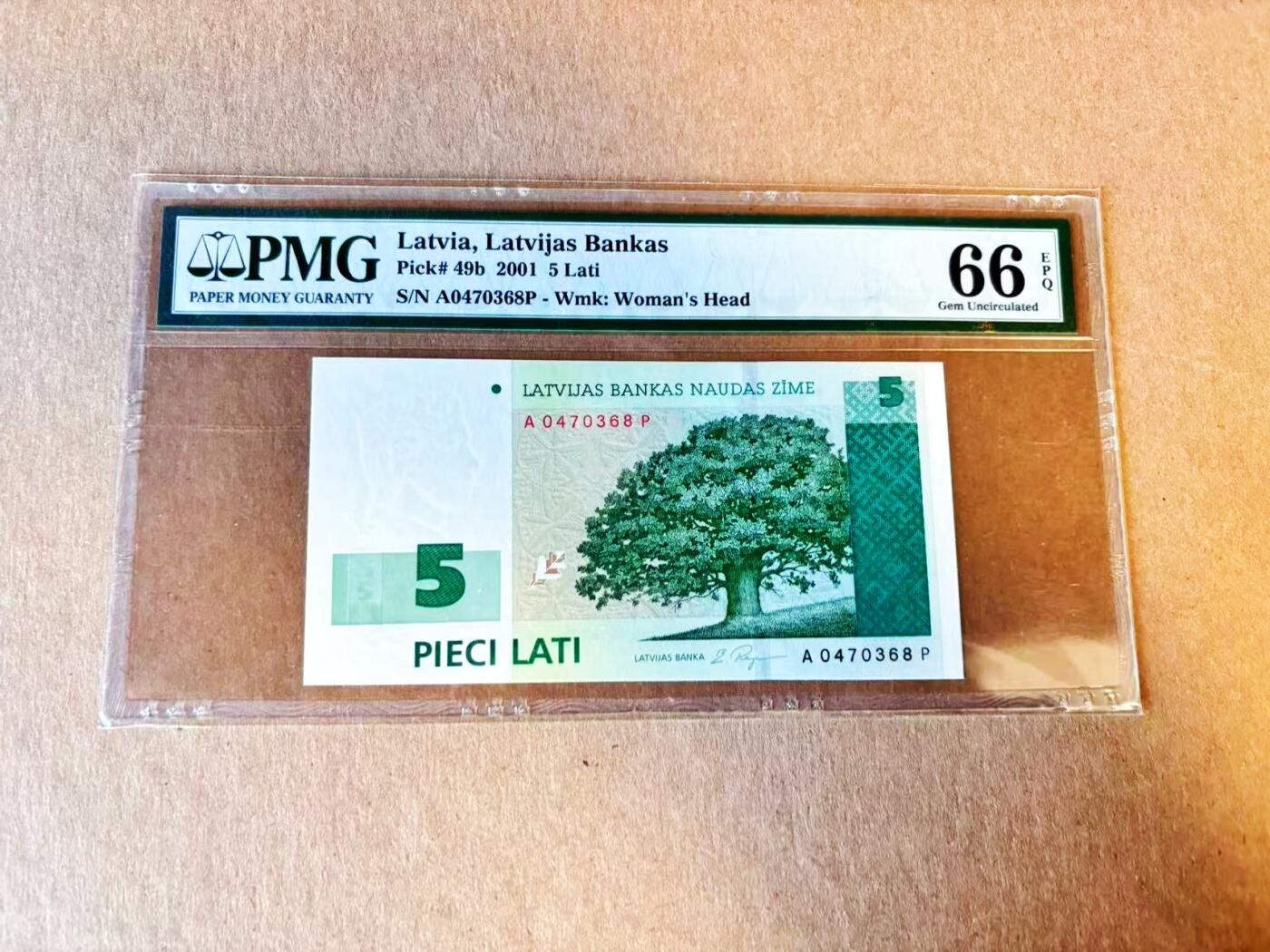【Blue Auction】世界纸币精拍第794期——18级TOP拍卖/信誉/品质/专业/高效💫 拉脱维亚 2001年5拉图 PMG66EPQ 