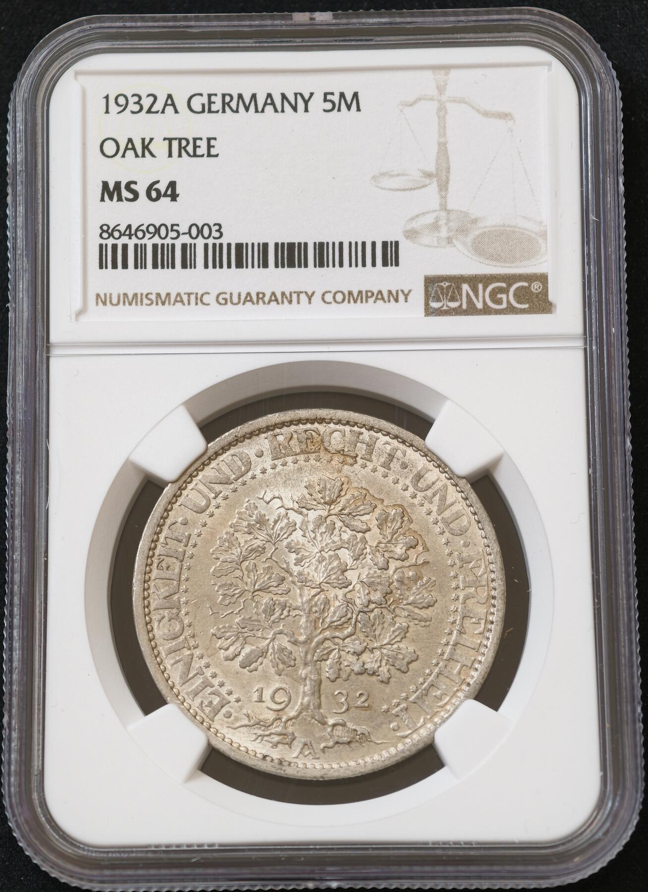 甄臻铺-世界币章拍卖（第54期），3月28日甄品场拍品征集中，送拍享返佣金等优惠多多 NGC-MS64 德国1932年A版魏玛橡树5马克银币 经典品种，黄油彩老包浆，暴力转光，深打有细节，高分，值得收藏