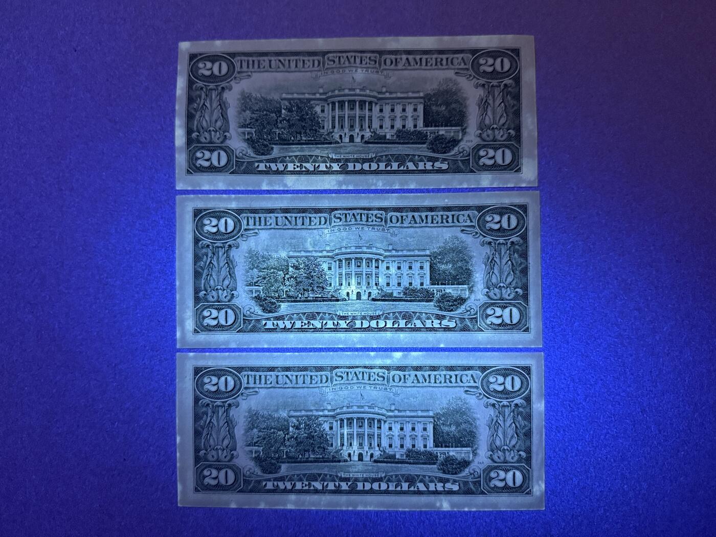 《艾美收藏》第236期-3.15周日外币畅拍 美国20美元3张 AU 有道轻微折 局部荧光