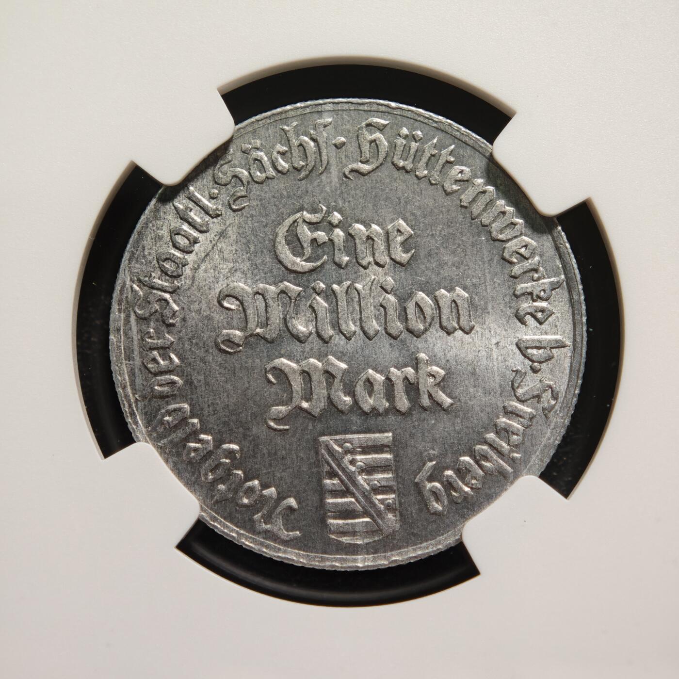 【德藏】世界币章拍卖第167期（拍品征集中~欢迎藏友联系） 1923年 德国紧急时期弗莱堡火把男100万马克铝币 NGC MS63 原光十足 大名誉品种