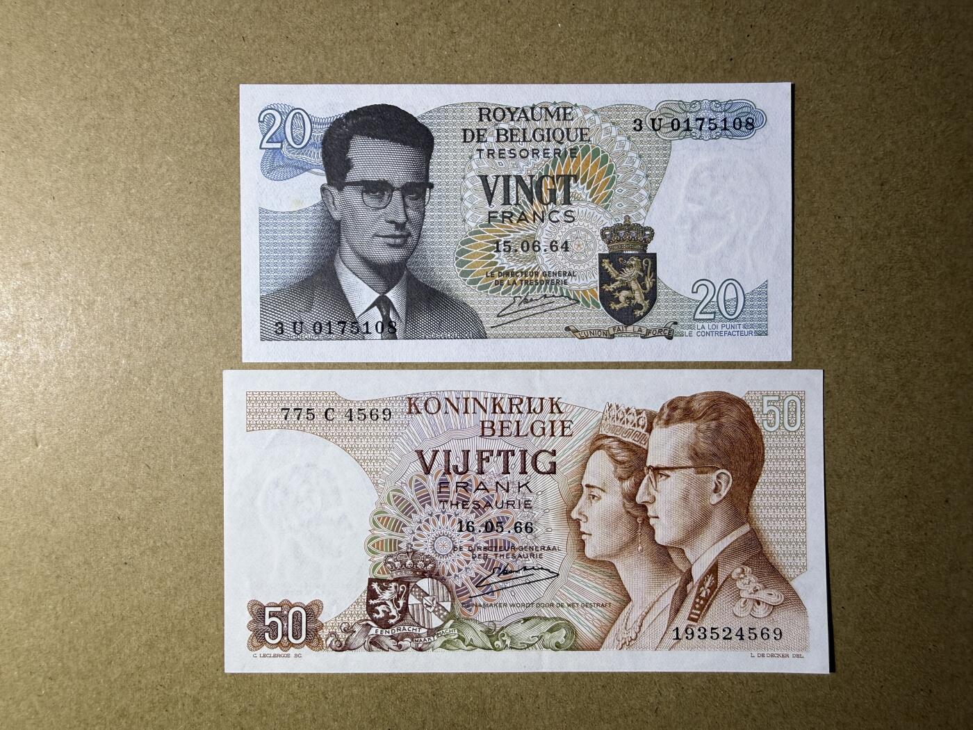 《艾美收藏》第236期-3.15周日外币畅拍 比利时50、100法郎2张 AU 1966年