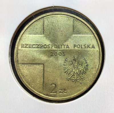 外国优质老铜币银币苏联纪念章，每周六晚九点倒数截拍，满百包邮可寄存，持续收拍 - 波兰2003年2兹罗提纪念币，为纪念若望・保禄二世任教宗 25 周年发行。正面为波兰国徽与十字，背面是教皇肖像与权杖，见证波兰对这位本土教宗的崇敬与宗教文化传承。
