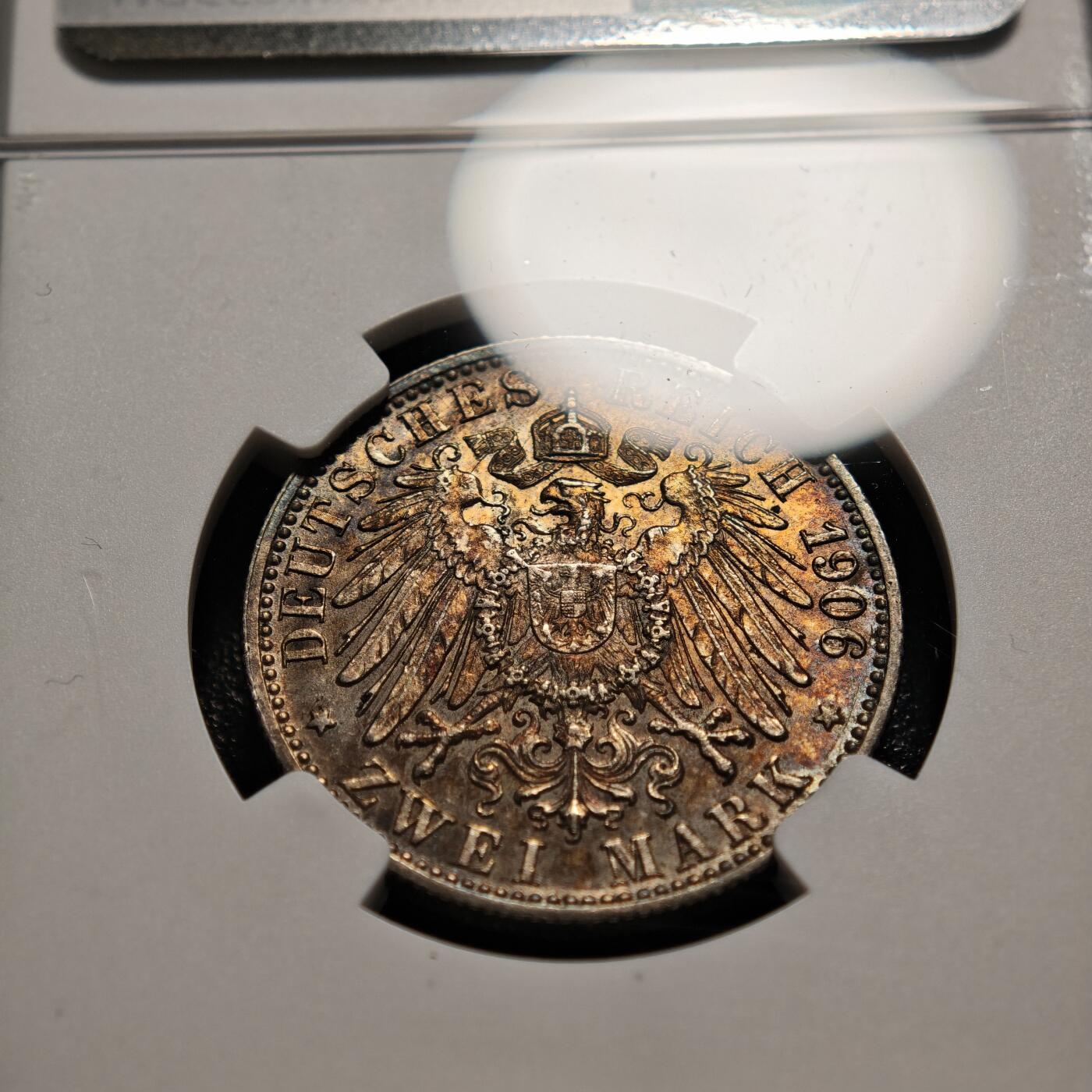 【德藏】世界币章拍卖第167期（拍品征集中~欢迎藏友联系） 1906年 德国符腾堡2马克银币 NGC MS61 深五彩包浆 极具吸引力