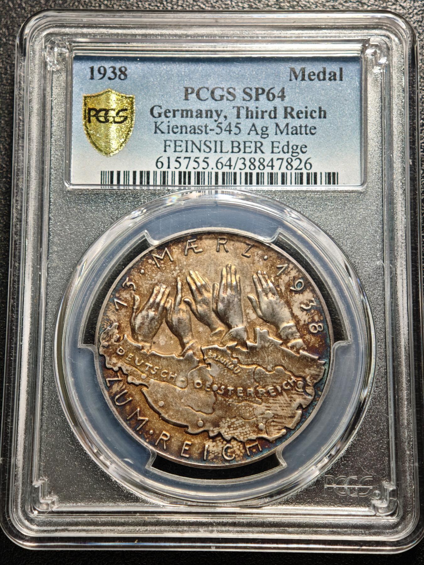 【德藏】世界币章拍卖第167期（拍品征集中~欢迎藏友联系） 1938年  德国民族社会主义工人党吞并奥地利纪念银章 章牌大师卡尔·歌茨作品 PCGS SP64 环彩包浆 亚军分