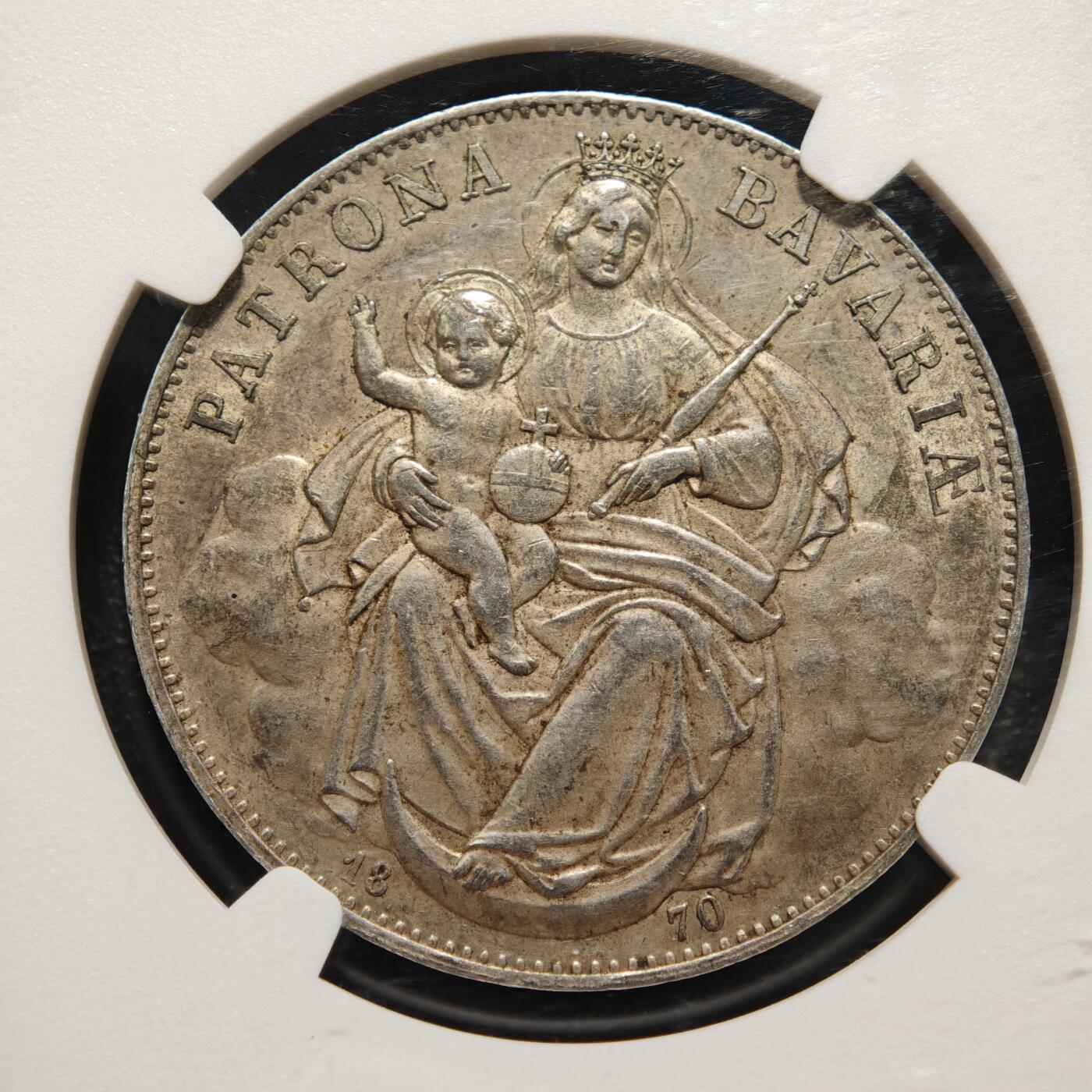 【德藏】世界币章拍卖第167期（拍品征集中~欢迎藏友联系） 1870年 德国巴伐利亚圣母抱婴泰勒银币 NGC AU55 原味淡包浆 状态极佳