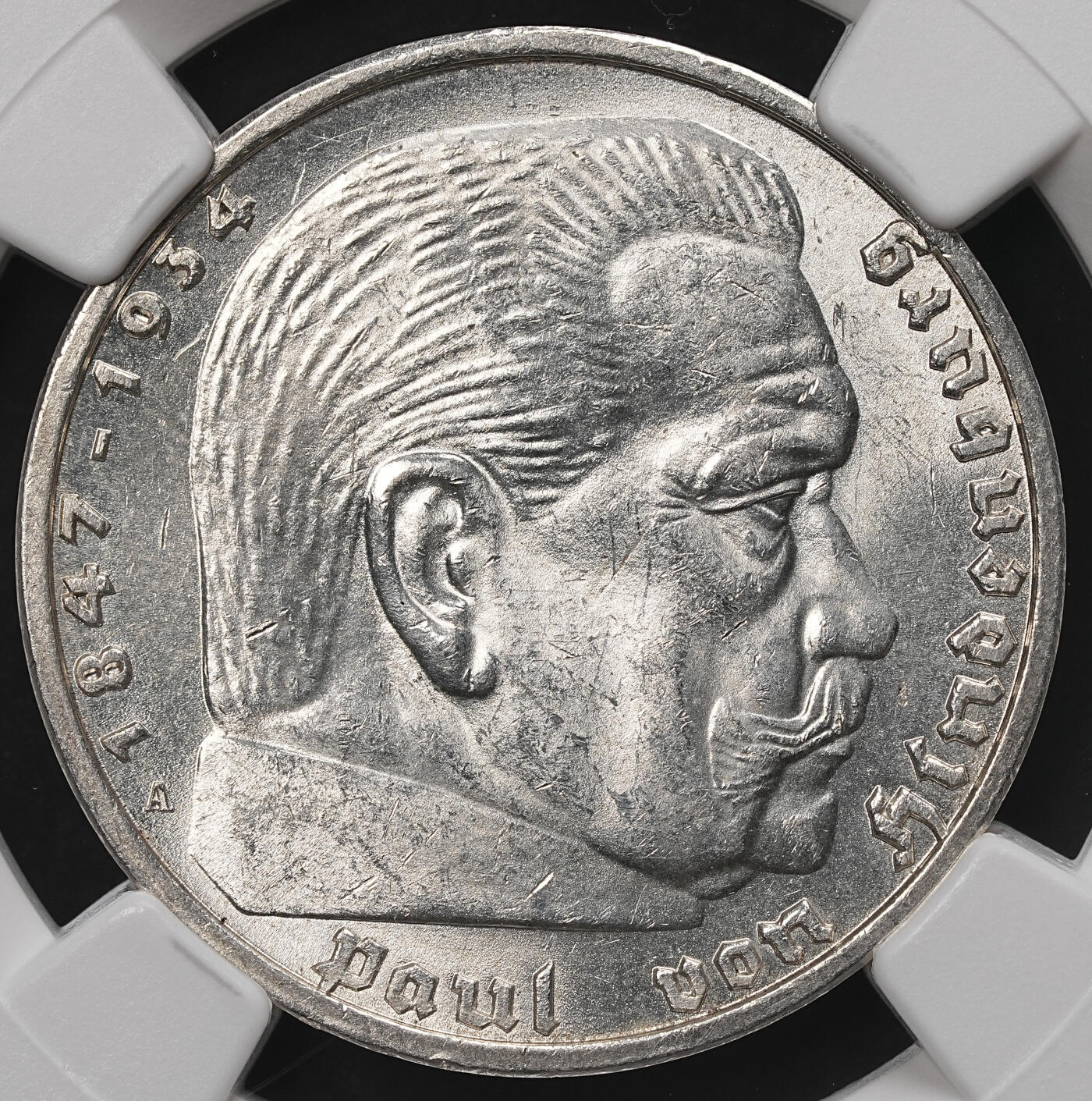 修遠堂世界钱币第107期 NGC MS62 1938年兴登堡5马克银币，A厂铭