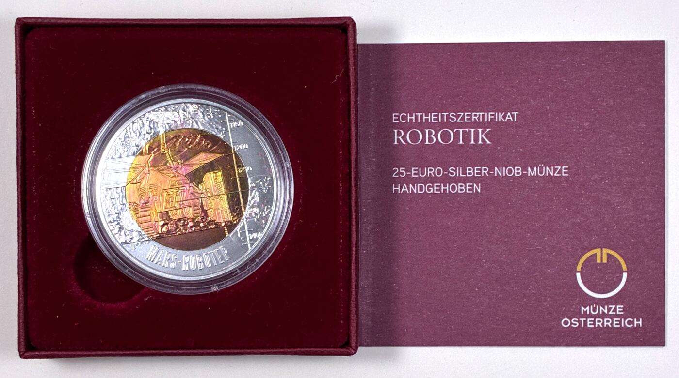 【雨安】【直播拍卖】【第0127期-裸币套币】2026-03-13 周五 19:30 (金价1140, 银价21.50) [现代装帧] Austria 欧元 奥地利 25欧元 2011年 机器人技术发展 铌芯银币