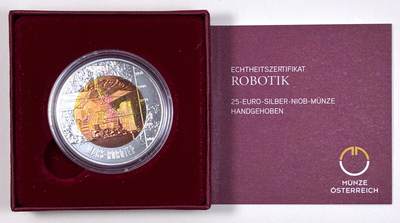 【雨安】【直播拍卖】【第0127期-裸币套币】2026-03-13 周五 19:30 (金价1140, 银价21.50) - [现代装帧] Austria 欧元 奥地利 25欧元 2011年 机器人技术发展 铌芯银币