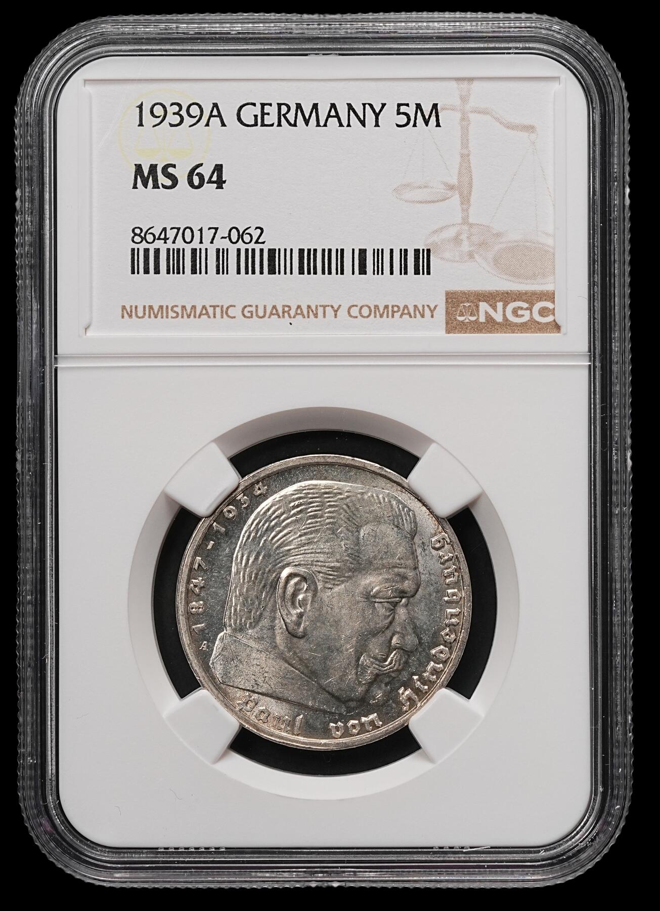 修遠堂世界钱币第107期 NGC MS64 1939年兴登堡5马克银币，A厂铭