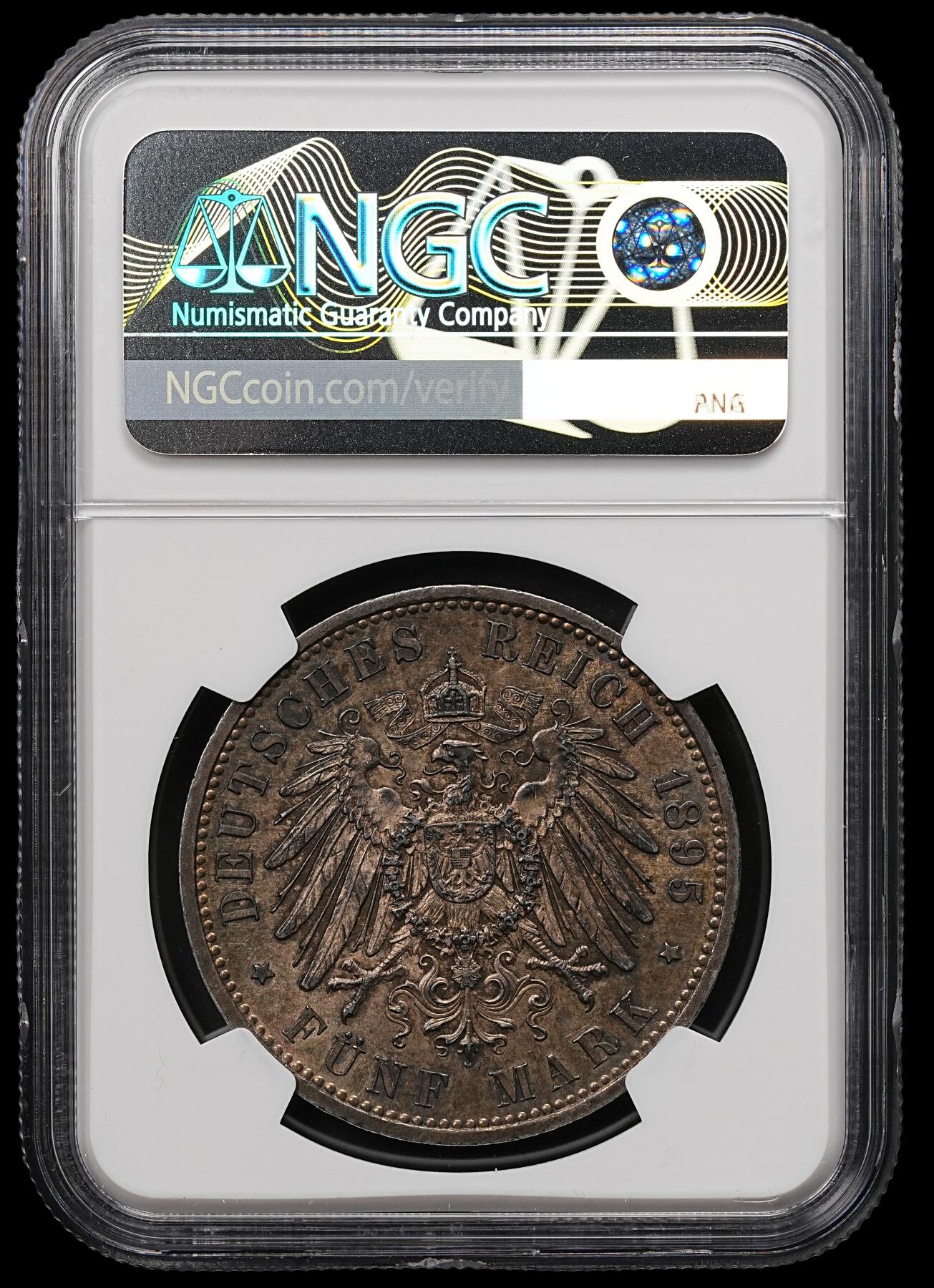 修遠堂世界钱币第107期 NGC AU58 1895年普鲁士5马克银币，少见的早期年份，有分不易