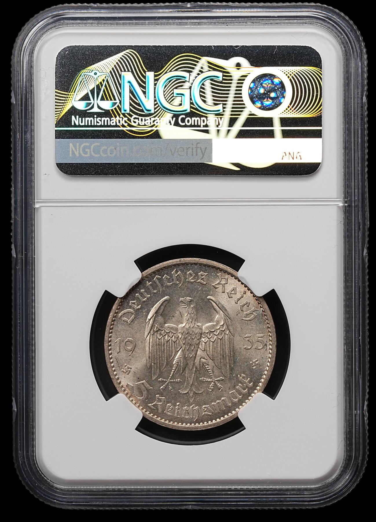 修遠堂世界钱币第107期 NGC MS62 1935年德国教堂5马克银币，A厂铭