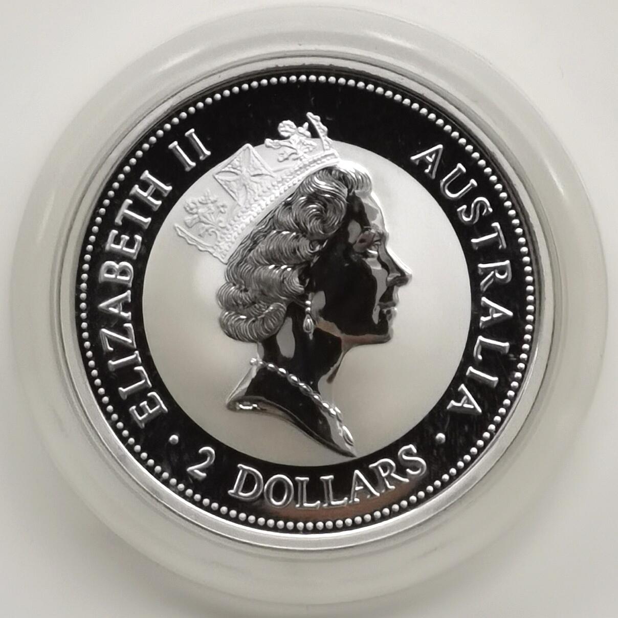 博洋堂世界钱币拍卖第164期（全场包邮） 澳大利亚1997年2元带私印普制银币 笑翠鸟（带皇冠私印） 2盎司999银 发行量：4千 盒证全