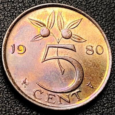 泉币菌-第209场-拍品多 请提前出价 - 原铜光极美 荷兰王国 1980年5分 橙子 朱丽安娜女王 公鸡&星星暗记 青铜币 21mm 