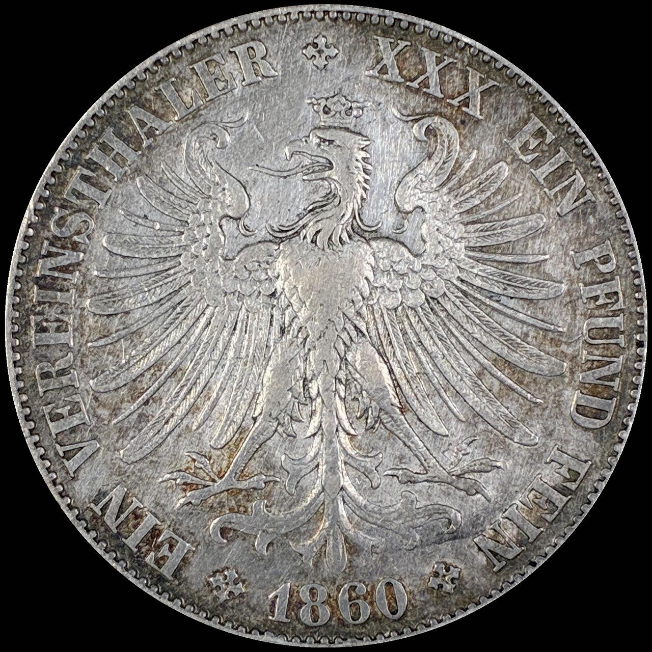 【雨安】【直播拍卖】【第0127期-裸币套币】2026-03-13 周五 19:30 (金价1140, 银价21.50) [裸币德国] Germany 德国 德意志 1泰勒 Frankfurt法兰克福 Thun.142 KM#0360 (1859-1860) 法兰克福少女 1860年