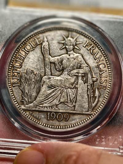 抚柳草堂-第二十八期章牌钱币  奖章勋章 满百包邮 放漏专场 1909法属印支坐洋银币  老包浆味道不错 公博评级au53