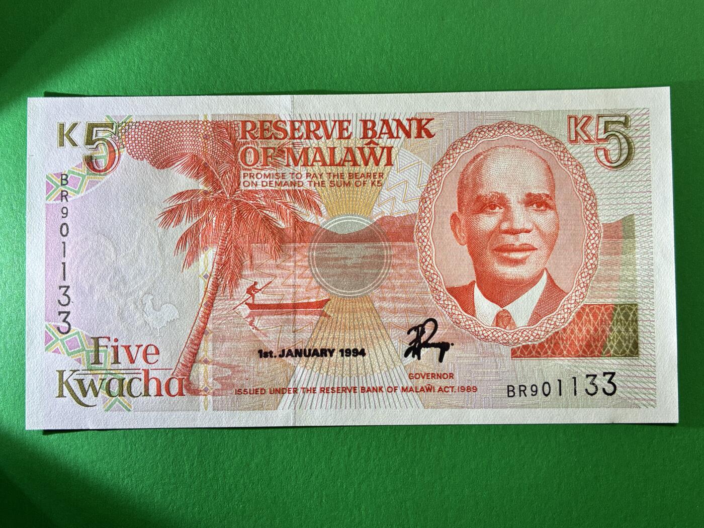 咖啡豆•收藏 2026年Mar_19th世界各国纸币拍卖 马拉维 1989年 5克瓦查 全新UNC 外国 非洲纸币