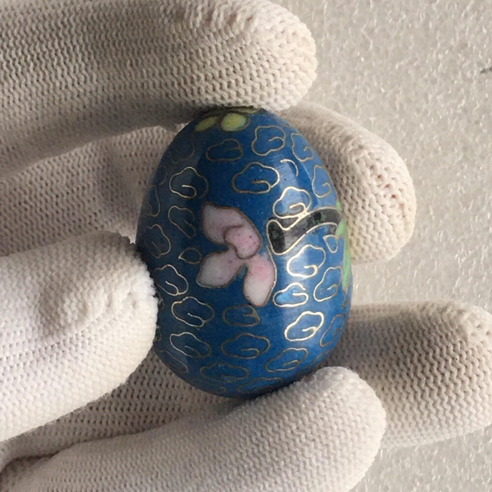         出口创汇时期二蓝色铜胎掐丝珐琅磨光景泰蓝吉祥如意鸡蛋小摆件美品1对2只真品如图摆件库存旧藏文玩艺术收藏