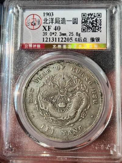 公博XF40 北洋29年 G后点偷银版   价格：5900元 直出不墨迹 1903年北洋局造一圆，29年北洋龙稀有版别，认准G后点偷银特征，全网难找的好状态。 原味醇厚老包浆，龙鳞立体饱满、打制深峻，字口清晰无粘连，底板干净完整。 公博严评XF40，分数稳健，收藏级品相。诚心急出，手慢无！    - 公博XF40 北洋29年 G后点偷银版   价格：5900元 直出不墨迹 1903年北洋局造一圆，29年北洋龙稀有版别，认准G后点偷银特征，全网难找的好状态。 原味醇厚老包浆，龙鳞立体饱满、打制深峻，字口清晰无粘连，底板干净完整。 公博严评XF40，分数稳健，收藏级品相。诚心急出，手慢无！   