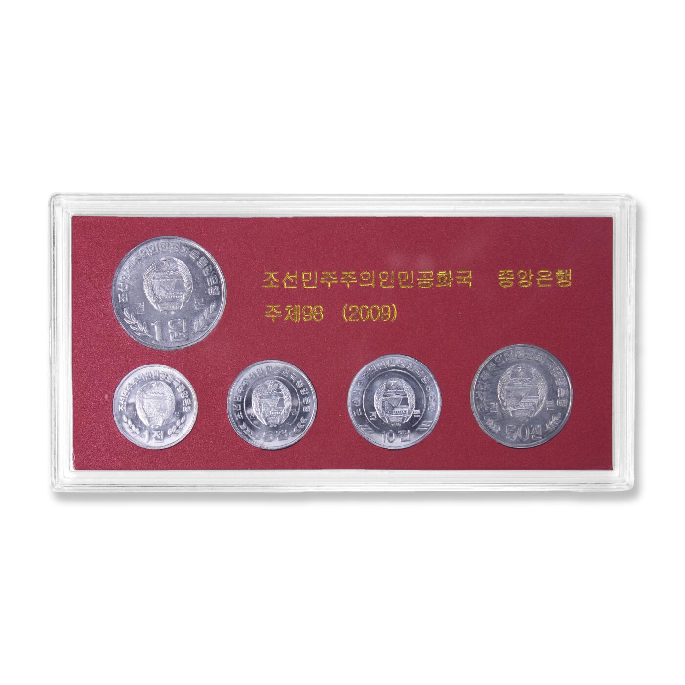 2009年朝鲜-第三套流通硬币1钱/5钱/10钱/50钱/1元样币套装花卉样币朝鲜央行原盒样币一第三套流通硬币